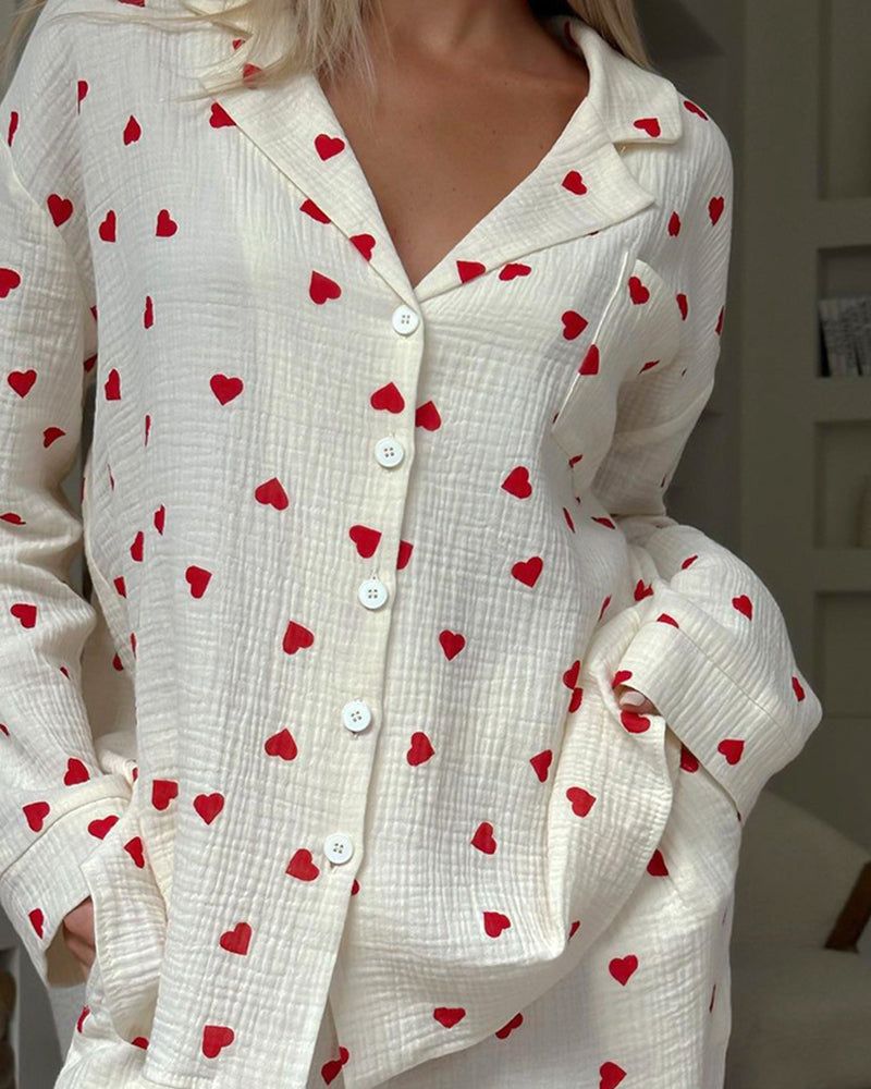 Casual Heart-print Long Sleeve Soft Pajama Set