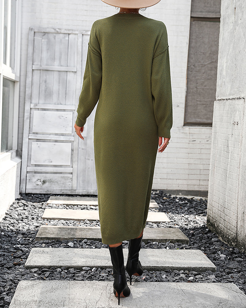 Sweater Maxi Dress Long Sleeve Button V Neck Knitted Dresses Oversized Loose Fashion Streetwear