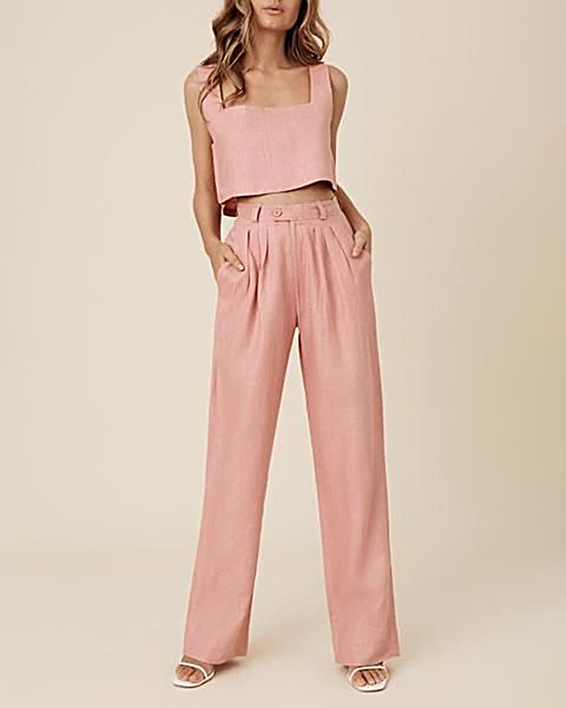 Two Piece Set Women Solid Vest Crop Cami Top & Wide Leg Pants Set