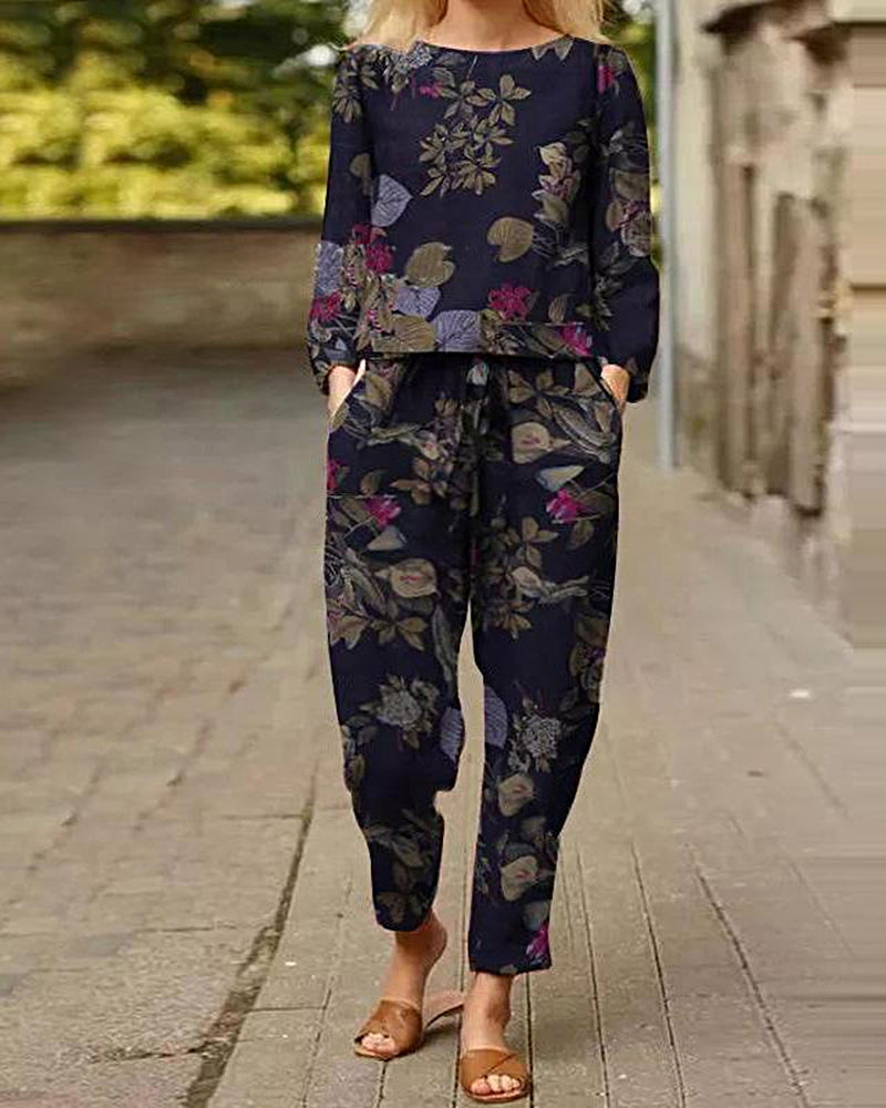 Two Piece Outfits Long Sleeve Crewneck Pullover Tops and Long Pants Print Casual Tracksuit