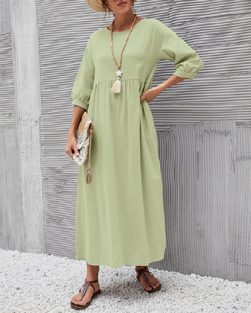 Lantern Sleeve Long Dress Solid Color Loose Crew Neck Mid Waist Dresses with Pockets