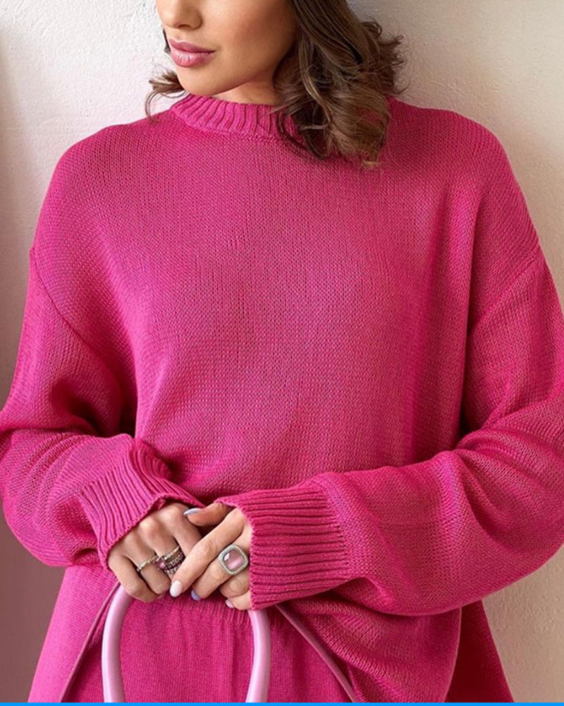 Solid Color Knitted Two Pieces Turtleneck Sweater Set Loose Top + Slit Trouser Pants