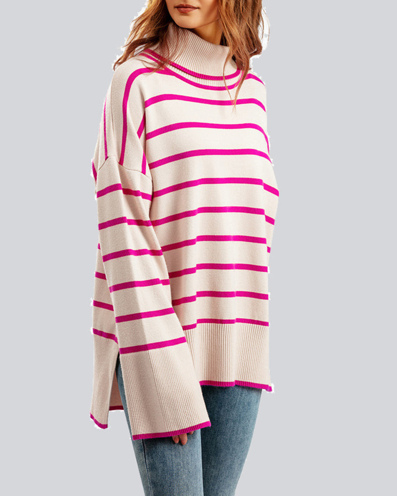 Striped Sweater Casual Turtleneck Knit Pullover Jumper Tops