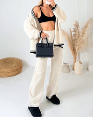 Casual Two-pieces Outfits Contrast Trim Knitted Cardigan and Trousers Pants Sets