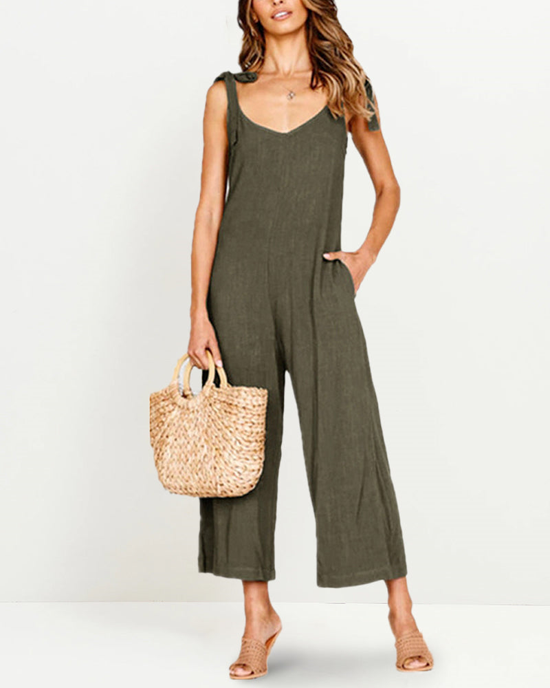 Sleeveless Tie Strap Backless Wide Leg Casual Loose Jumpsuit Rompers