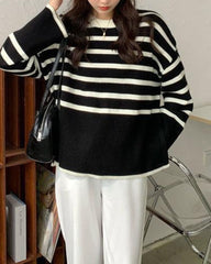 Round Neck Striped Sweater Top Loose Side Slit Pullover Sweater