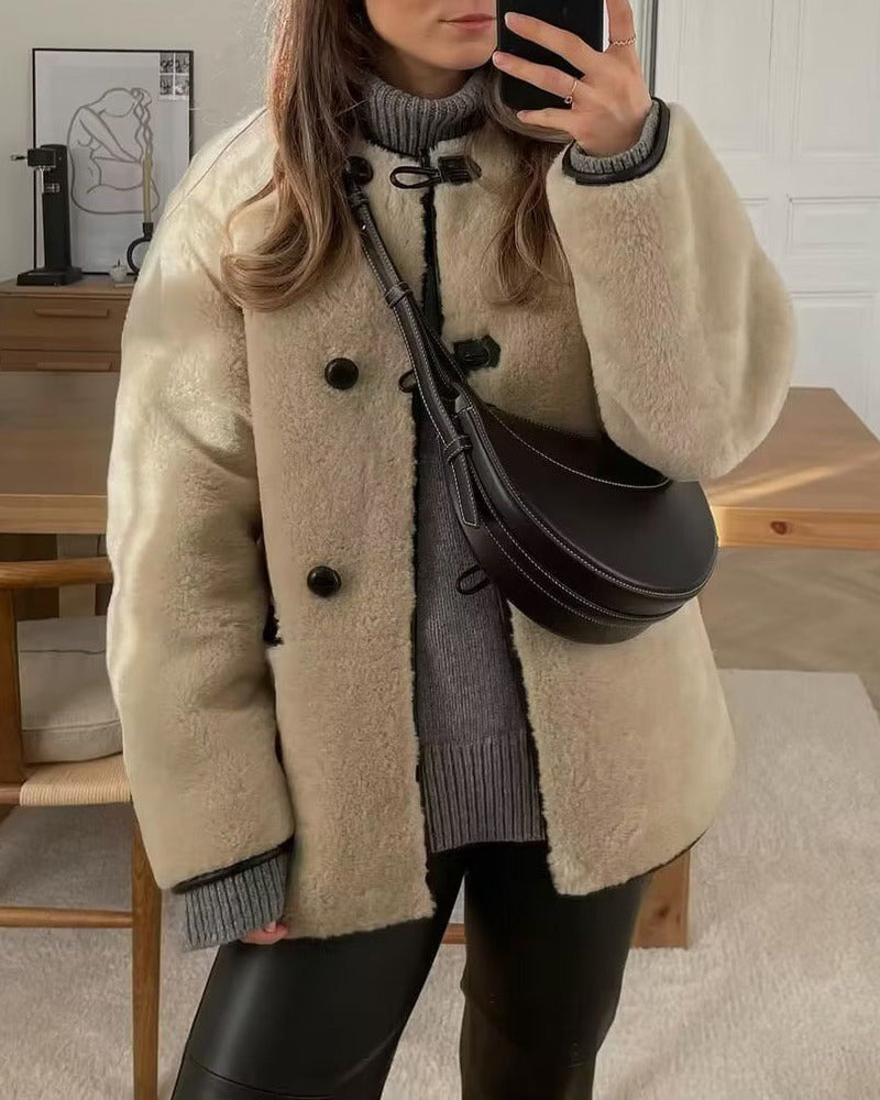 Round Neck Long Sleeve Faux Fur Coat
