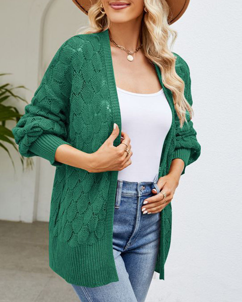 Solid Color Hollowed Out Knitted Cardigan Loose V-Neck Long Sleeved Cardigan Top