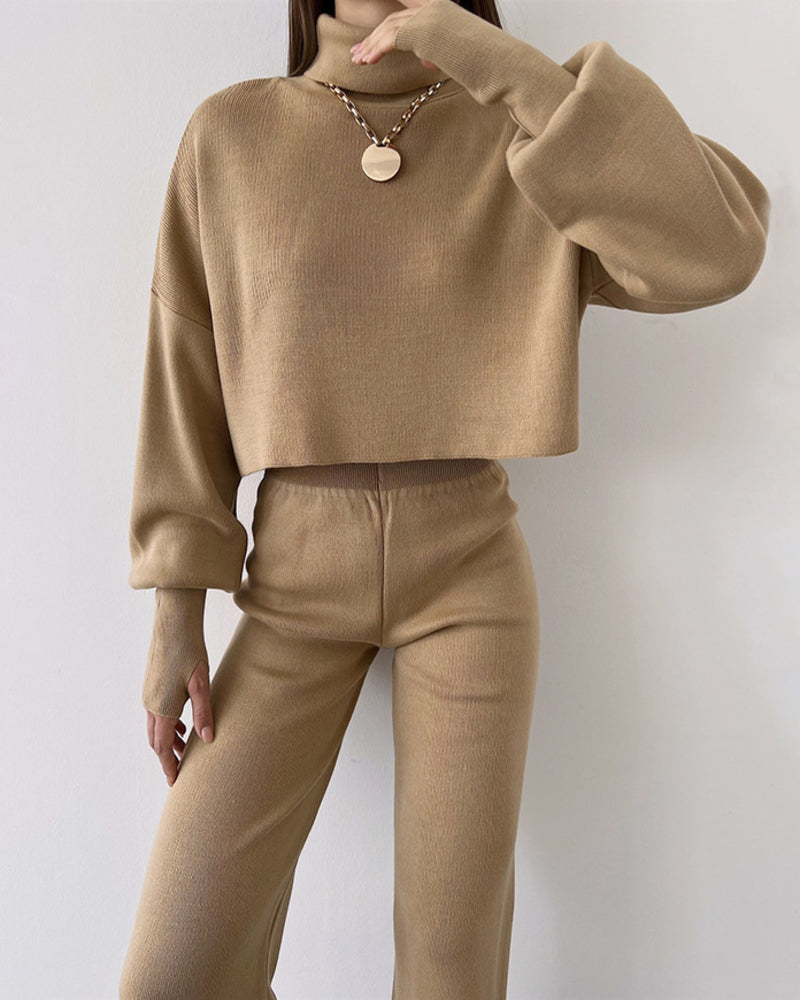 Women's Knitted Two Pieces Sets Turtleneck Cropped Sweater with High-waisted Flared Pants