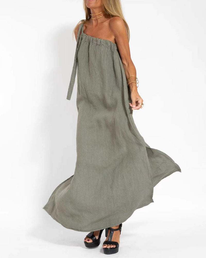 Sleeveless Asymmetrical Off-Shoulder Slit Dress