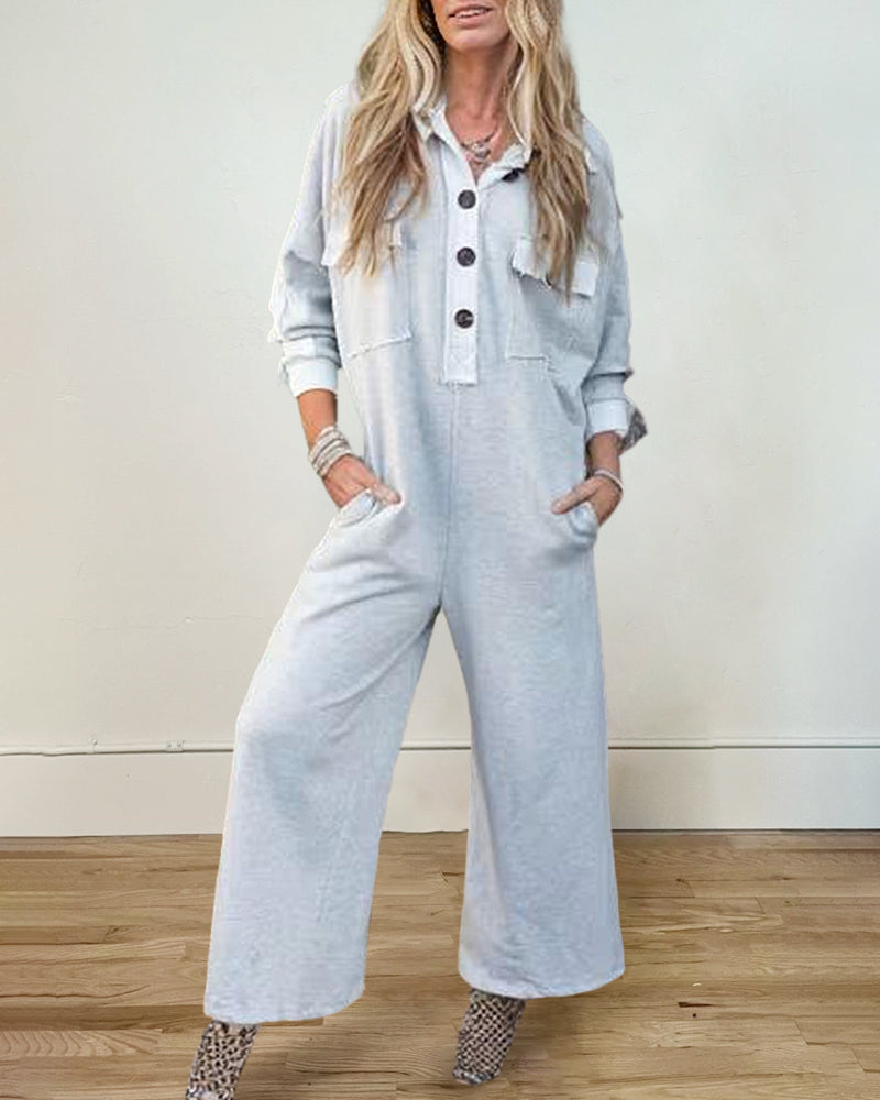 Casual Button Long Sleeve Jumpsuit