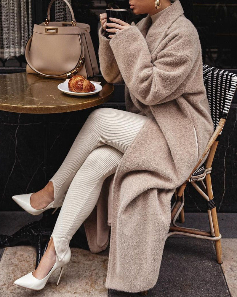 Turndown Collar Long Sleeve Plush Long Coat