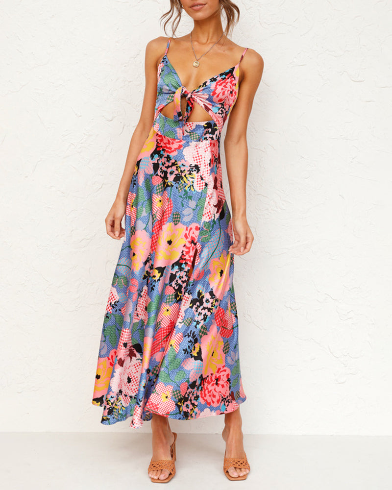 Spaghetti Strap Midi Dresses Sexy Deep V Neck Backless Floral Print Side Slit Maxi Dress