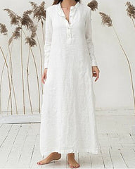 Cotton and Linen Shirt Dress Casual Long Sleeve Loose Fit Split Maxi Dresses with Pocket