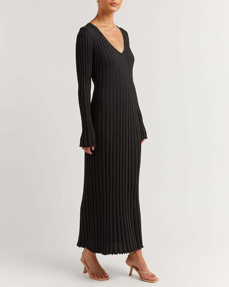 Long Sleeve Dress V-Neck Knit Maxi Dress Ribbed Elegant Long High Waist Pleated Dresses