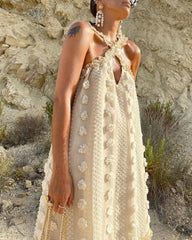 Flowy Cut Out Halter Neck Long Dress 3D Flower Chiffon Ruffle Frill Trim Puffy Swing Dress