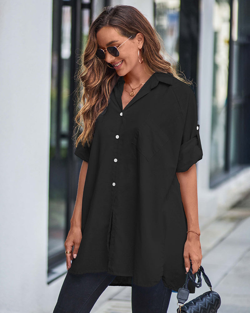 Long Cuffed Sleeve Shirts Button Down V Neck Blouse Loose Fitting Tops