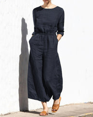 Solid Color Long Sleeve Rompers Back Button Elastic Waist Wide Leg Long Jumpsuit