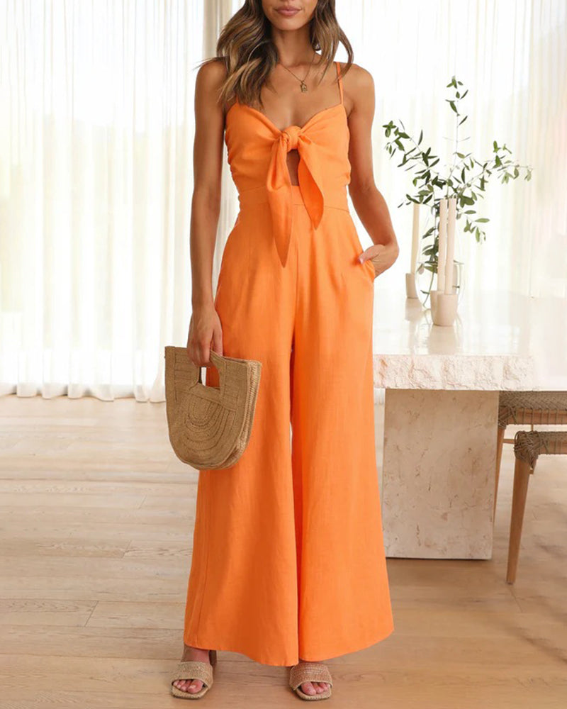 Ruffle Straps Crisscross Back Knot Front Slip Jumpsuit