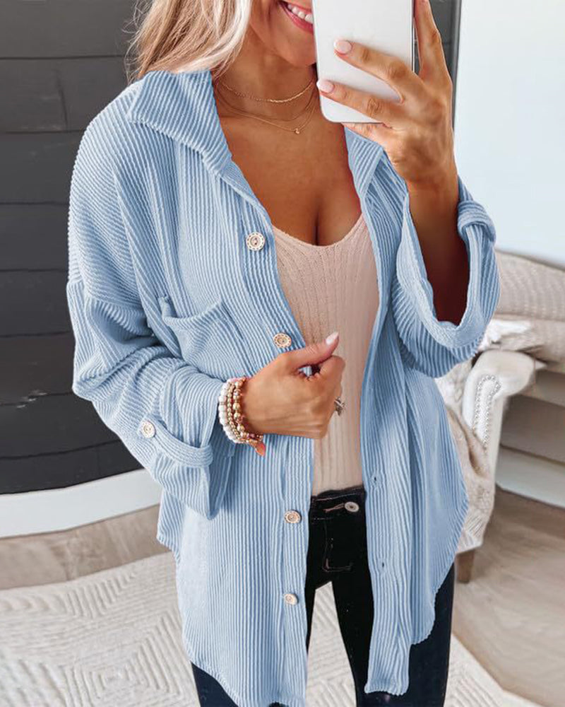 Striped Single-breasted Mid-length Corduroy Shirt Jacket