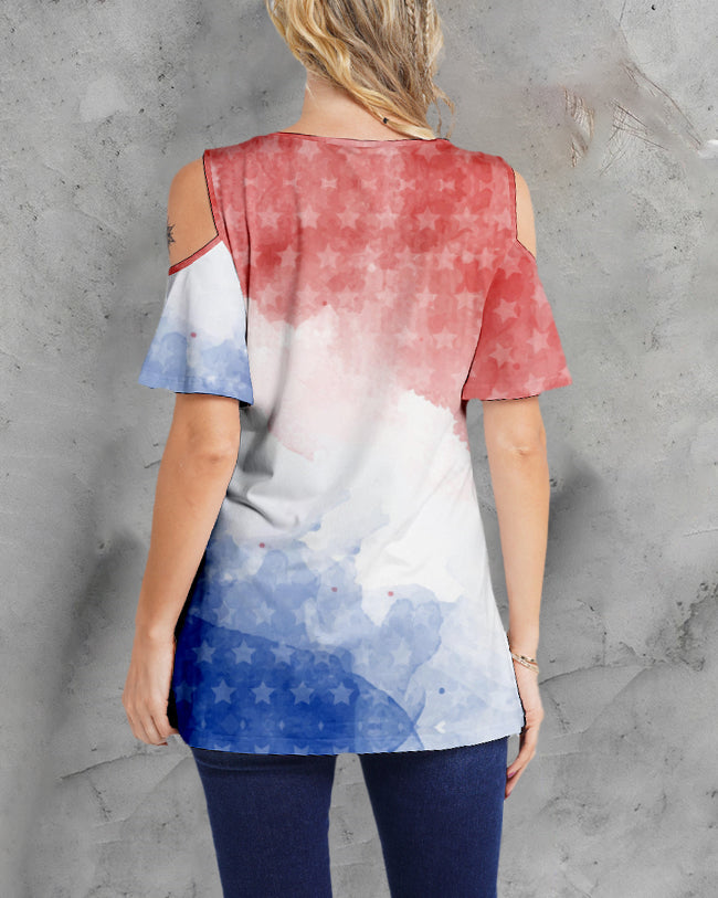 Independence Day Skull Graphic Cold Shoulder T-shirts Daily Loose Short Sleeve V Neck Tee Basic Tops