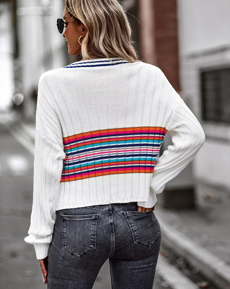 Striped Contrast V-Neck Dropped Shoulder Sweater