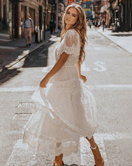 V Neck Short Sleeve Lace Maxi Dress