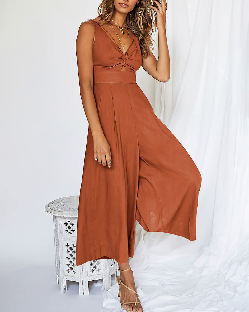 Casual Sleeveless Hollows High Waist Bodysuit Spaghetti Strap Loose Jumpsuit Overalls