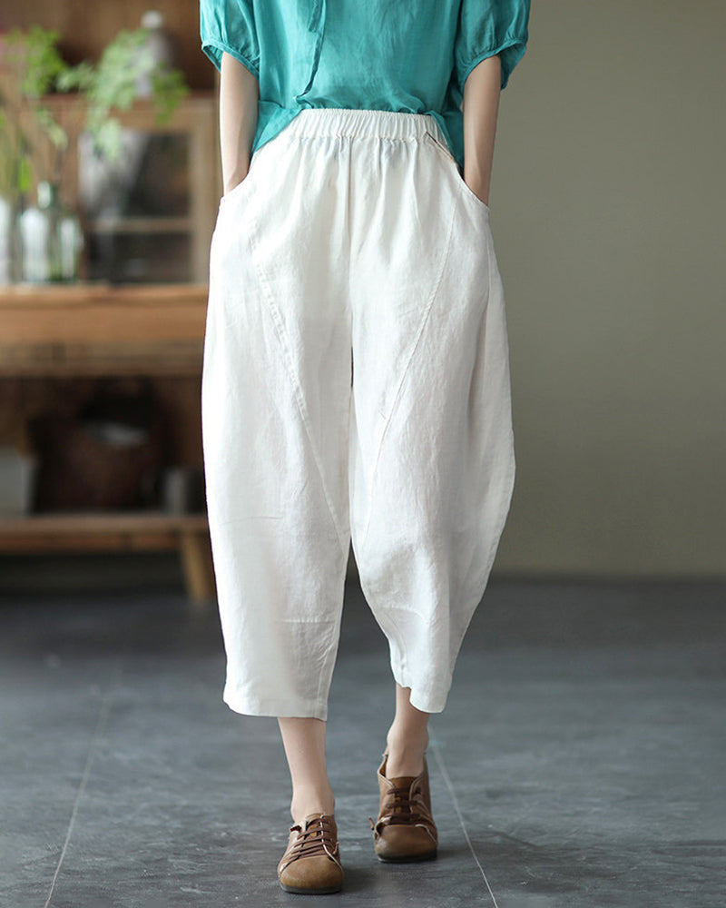 Loose Stitching Solid Color Elastic Waist Cropped Harem Pants