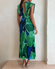 Casual Sleeveless Pleated Long Dress Loose Deep V Neck Holiday Dresses