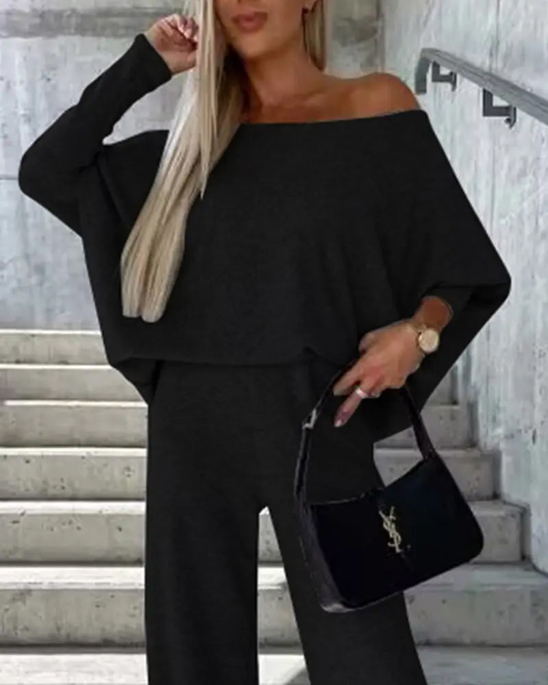 Solid Color Two Pieces Sets Off-shoulder Bat Sleeve Top Casual Wide Leg Pants Suit