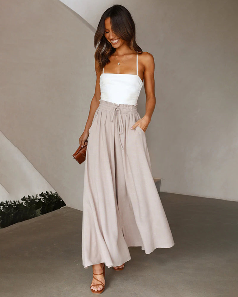 Wide Leg Flowy Pants Summer Boho Elastic Waist Drawstring Palazzo Trousers