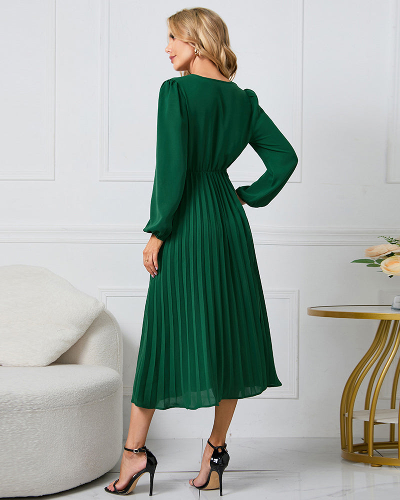 Elegant Wrap V Neck Lantern Sleeve Bulted Pleated Flowy Midi Dress