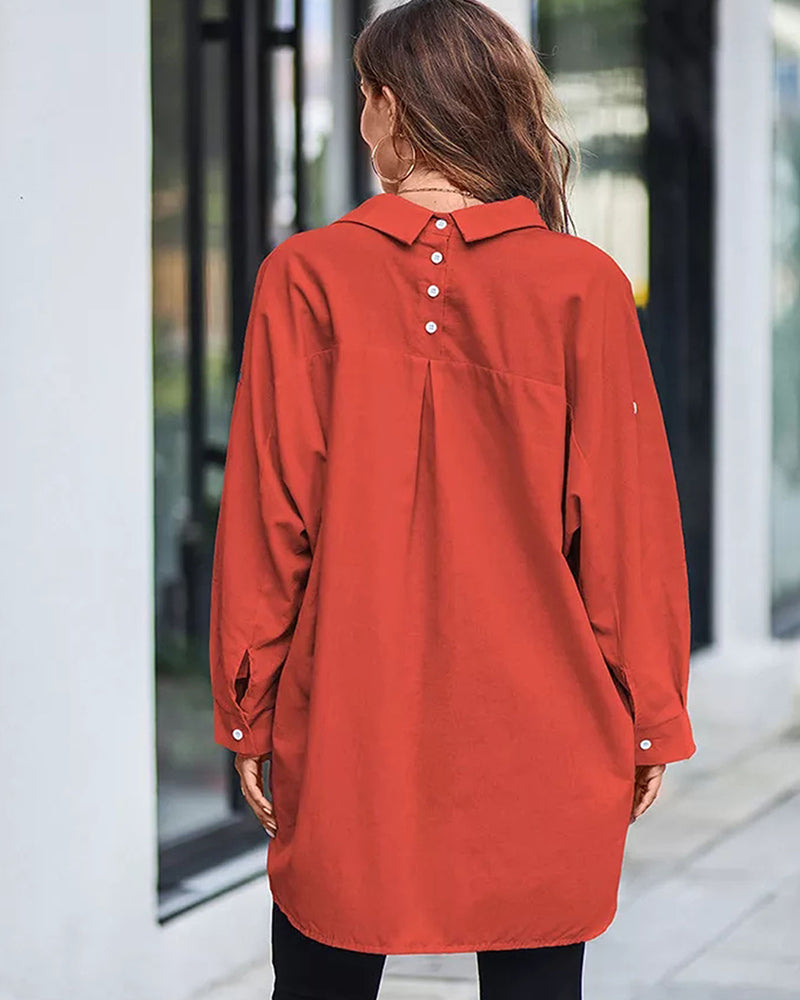 Long Cuffed Sleeve Shirts Button Down V Neck Blouse Loose Fitting Tops