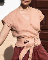 V-neck Slanted Breast Cotton and Linen Tie Waist Short Top