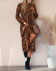Long-sleeved Leopard Print Button Mid Dress with Belt