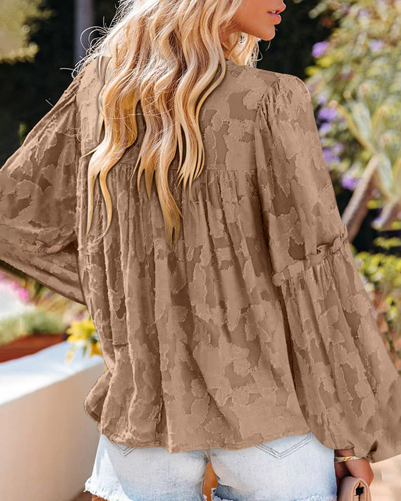 Long Bell Sleeve Blouses Crewneck Floral Lace Textured Babydoll Shirts Tops