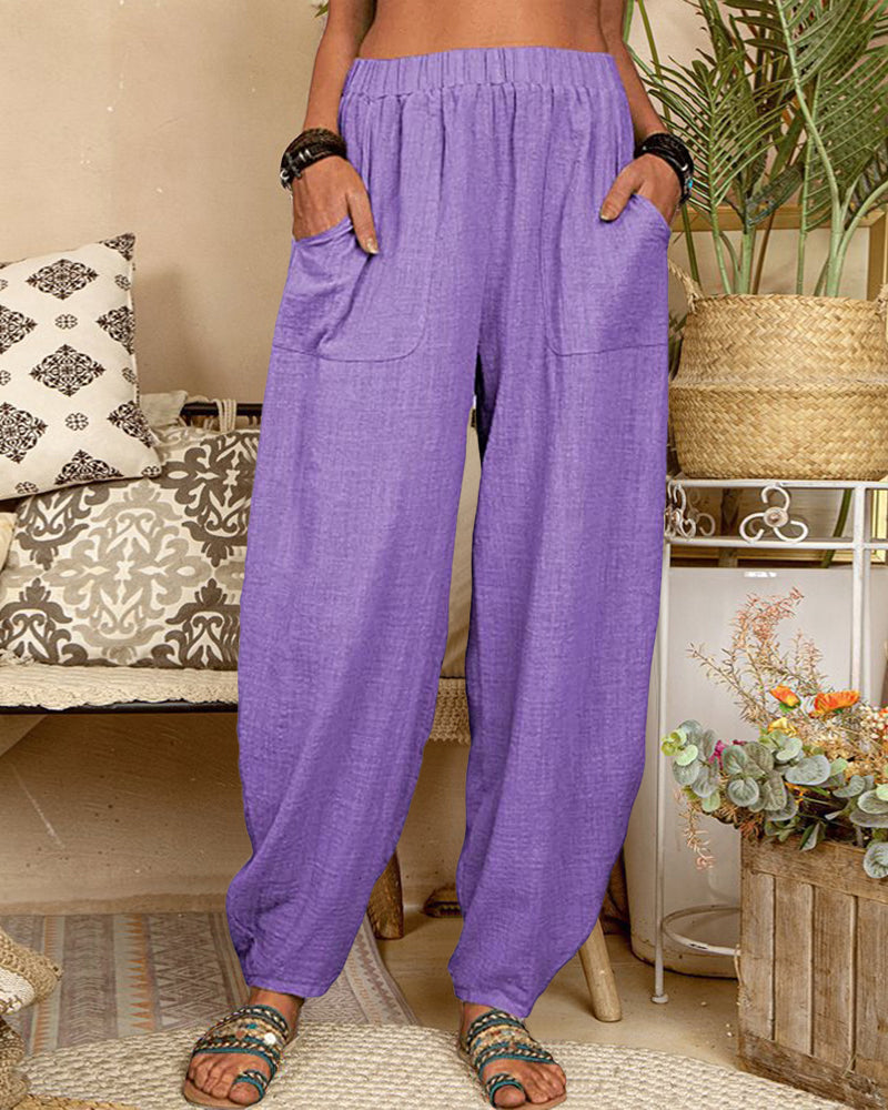 Long Elastic Loose Casual Trousers Harem Pants Pockets Wide Leg Pants