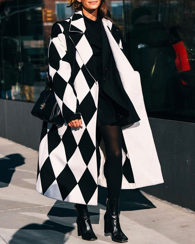Casual Long Sleeve Lapel Printed Notched Collar Warm Midi Jacket Overcoat
