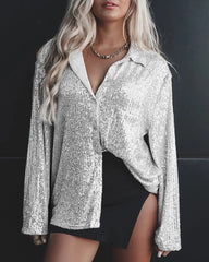 Solid Color Button-down Long-sleeve Sequined Cardigan Shirt