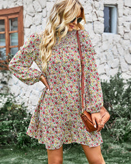 Long Sleeve Dress Boho Floral Ruffle High Neck Mini Dress Casual Loose Pleated Flowy Dresses