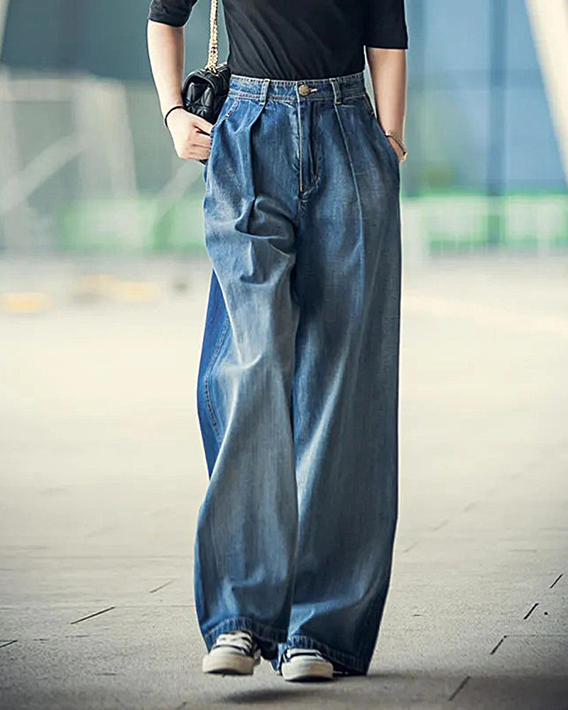 Simple Loose Jeans Casual Fit Jean Trouser Contrast Bloomers Denim Pants