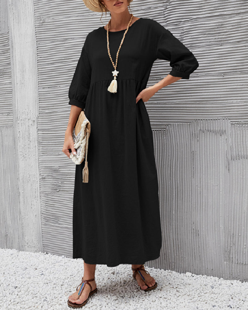 Lantern Sleeve Long Dress Solid Color Loose Crew Neck Mid Waist Dresses with Pockets
