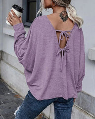 Tie Plunging Back Dolman Sleeve Oversize Top