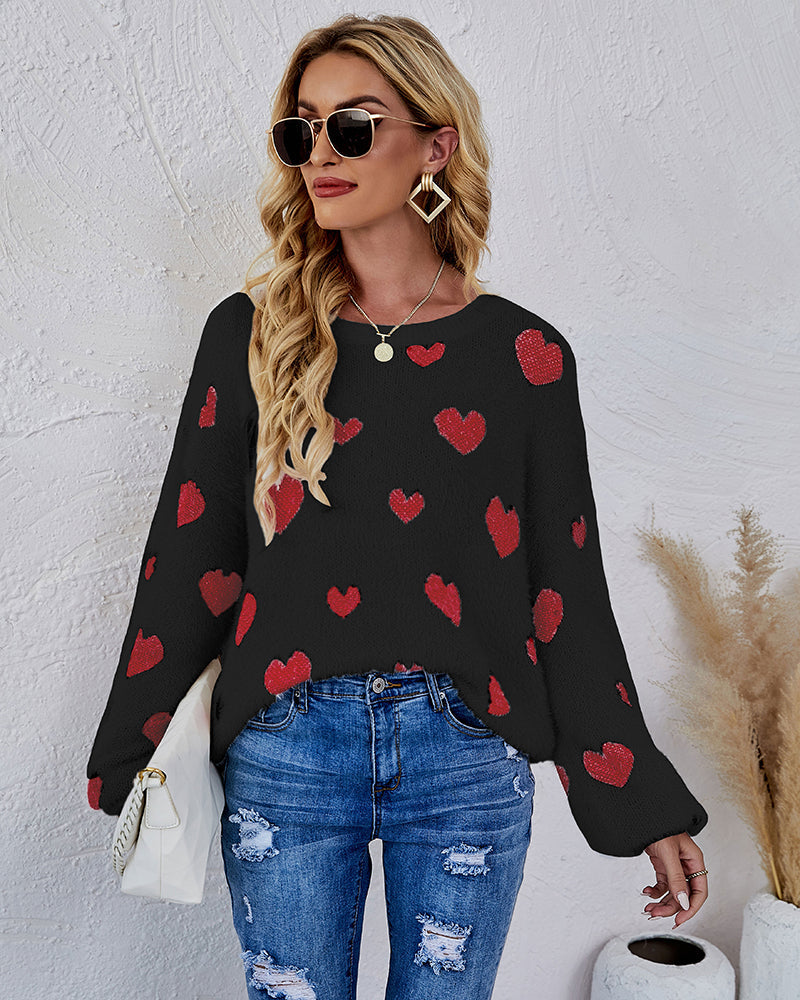 Love Pattern Round Neck Knit Sweater