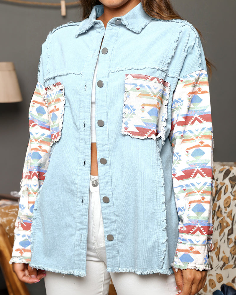 Frayed Denim Jacket Vintage Boho Tribal Button Down Patchwork Shirt Shacket