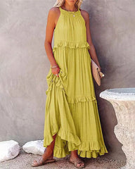 Boho Long Solid Color Loose Sleeveless Halter Neck Ruffle Maxi Dresses