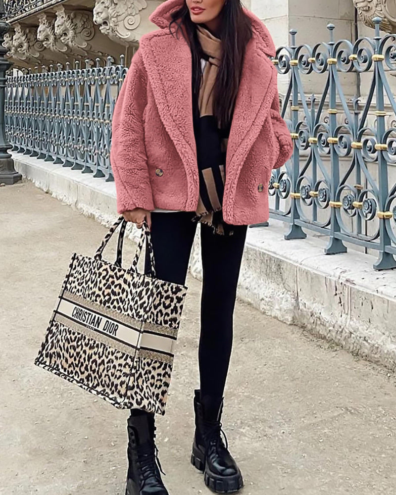 Lapel Fleece Jacket Long Sleeve Pockets Faux Fur Dressy Fall Outfits