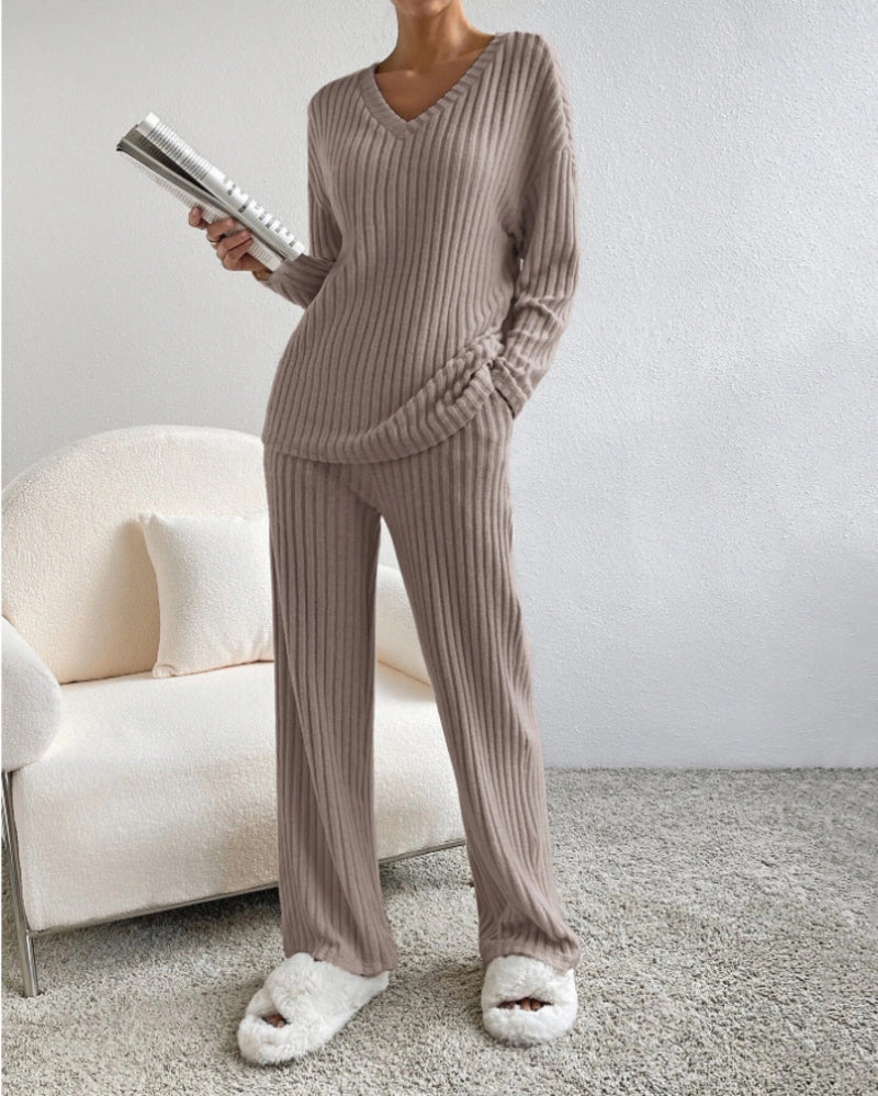 Women's Two Pieces Sets Ribbed Knit V-Neck Long-Sleeve Top & Pants Set