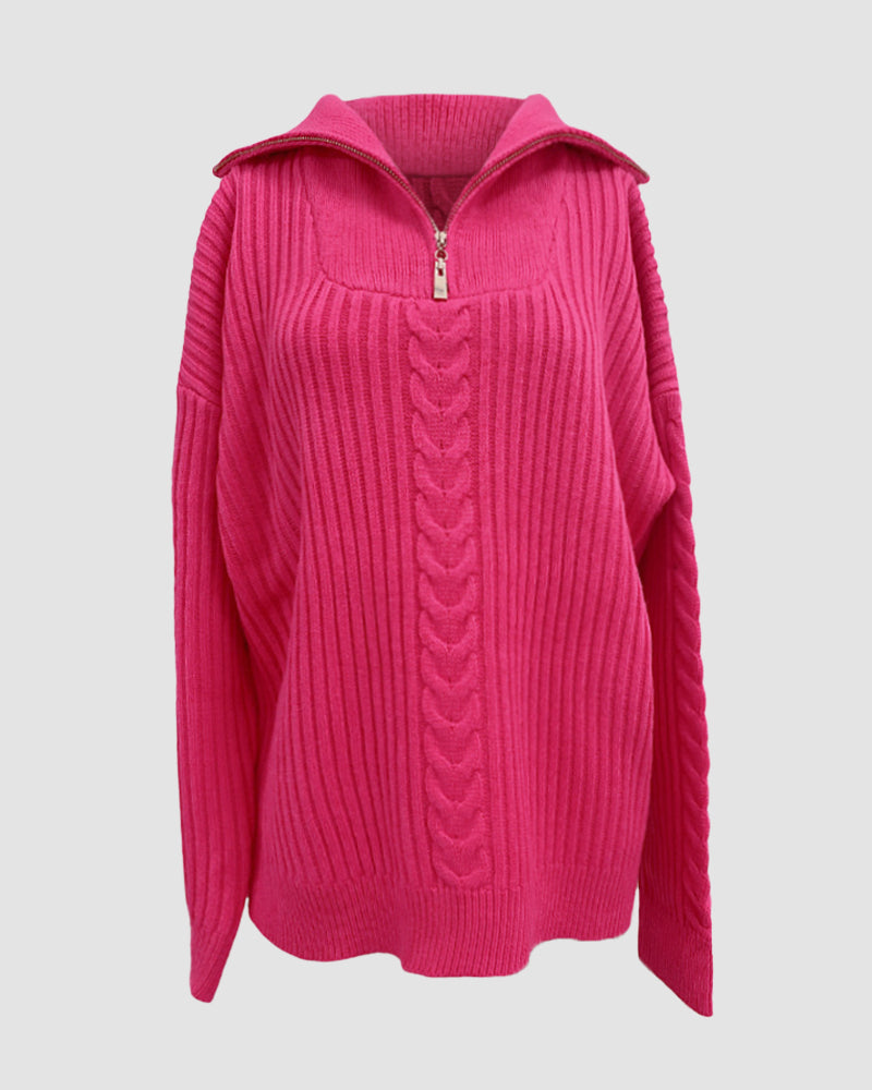 Zipper Lapel Twist Loose Solid Color Knitted Sweater